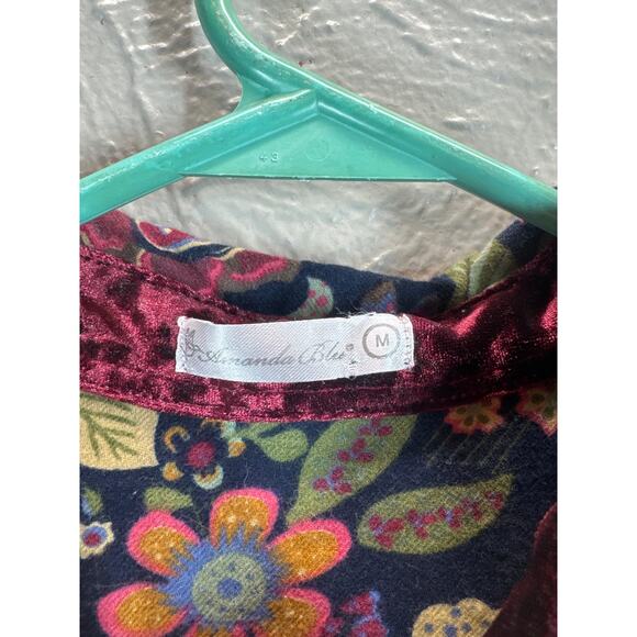 Amanda Blue Velvet Trimmed Floral Button Down Shirt Blouse Womens Size‎ Medium - Picture 3 of 5